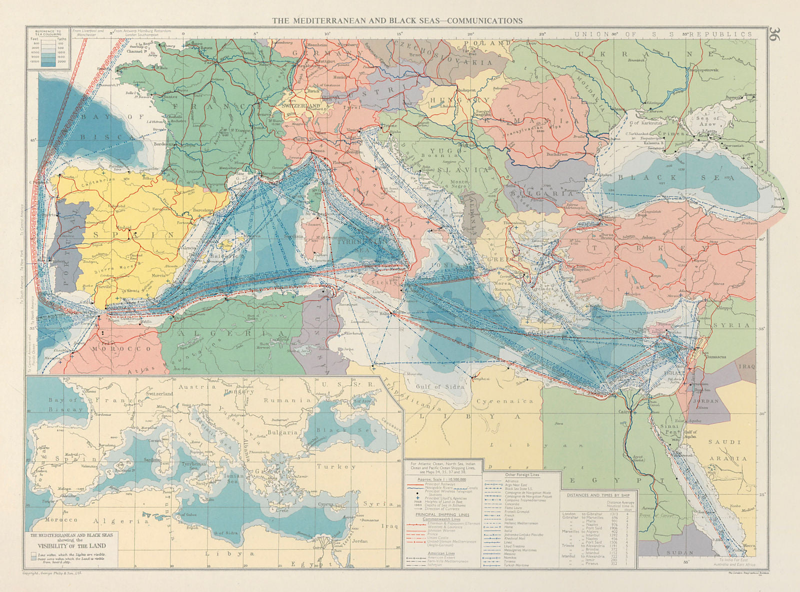 Mediterranean & Black Seas. Cables. Land visibility. Shipping lines 1959 map